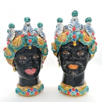 Head Vases Lady-Man from Caltagirone ceramic Multicolor cm 42