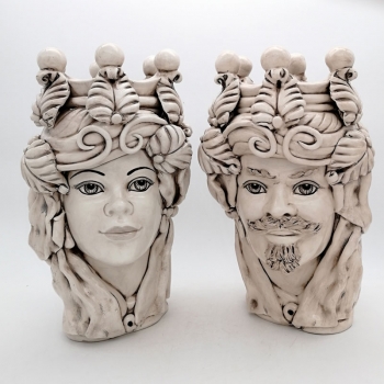 Head Vases Lady-Man Caltagirone Ceramic Moor's Head Antique White cm 35