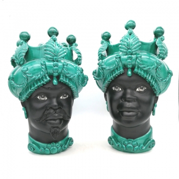 Teste di Moro in Ceramica Siciliana di Caltagirone Verus Donna-Uomo Verde Smeraldo cm 45