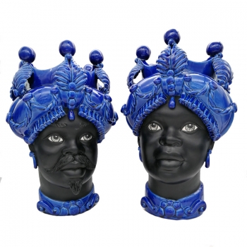 Teste di Moro Siciliane in ceramica Caltagirone Verus Donna-Uomo Blu China cm 45