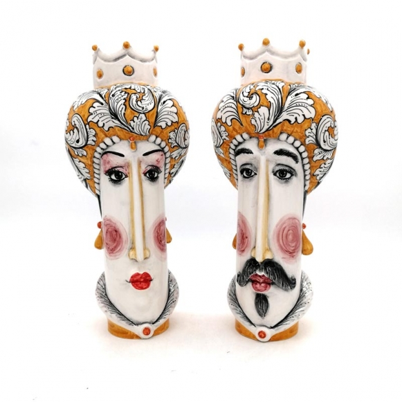 Coppia Teste di Moro Ceramica Siciliana Caltagirone Arancione cm 35