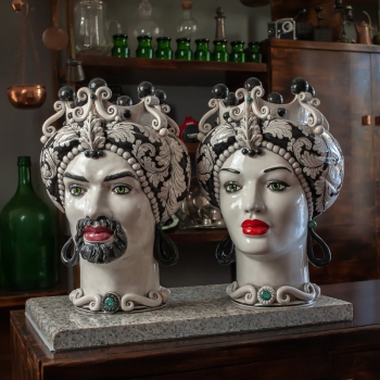 Head Vases Lady-Man Sicilian Ceramic "Moor's Head" from Caltagirone - Black - 42 cm