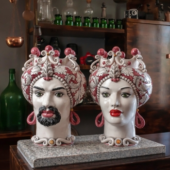 Head Vase Lady-Man Caltagirone Ceramic Moor's Antique Floral Bordeaux 42 cm