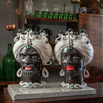 Head Vases Lady-Man Sicilian Ceramic Moorish from Caltagirone, Woman, Antique White Decoration, Glossy Face, 42 cm.