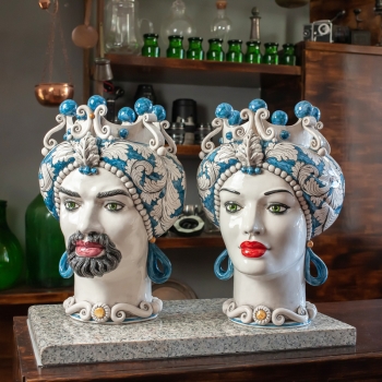 Teste di Moro ceramica Siciliana Caltagirone Donna - Uomo Blu cm 42
