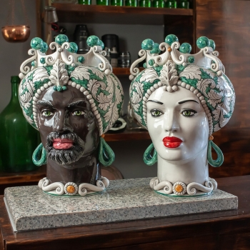 Head Vases Lady-Man Sicilian Ceramic from Caltagirone Green - 42 cm
