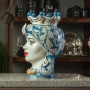 Head Vases Lady-Man Moorish Ceramic from Caltagirone, Blue Floral, 35 cm.