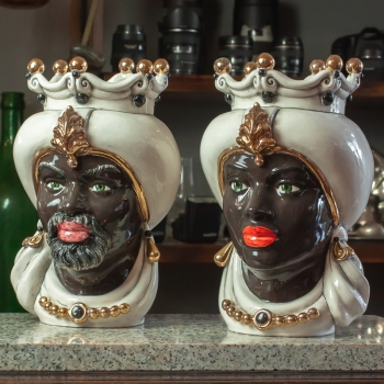 Head Vases Lady-Man Sicily Ceramic "Moorish" from Caltagirone, Gold, 35 cm