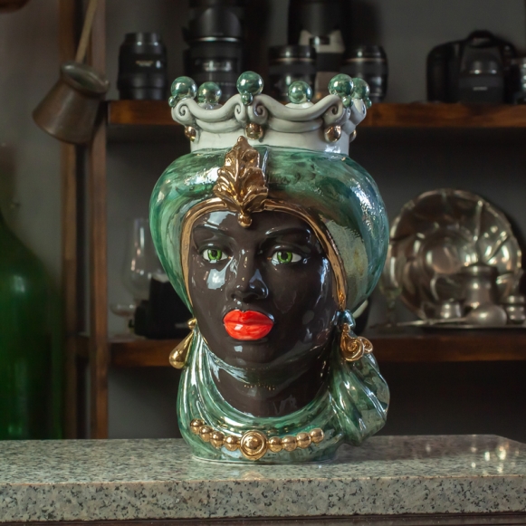 Testa Ceramica Caltagirone Donna Verde Madreperlato cm 35