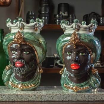 Teste di Moro Ceramica Siciliana Caltagirone Donna-Uomo Verde Madreperlato cm 35