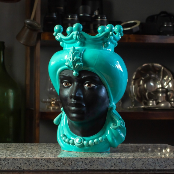 Testa di Moro Ceramica Siciliana Caltagirone Donna Turchese cm 35