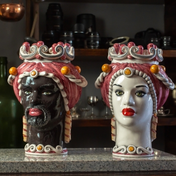 Teste di Moro Siciliane in Ceramica Caltagirone Donna-Uomo Rosso cm 35