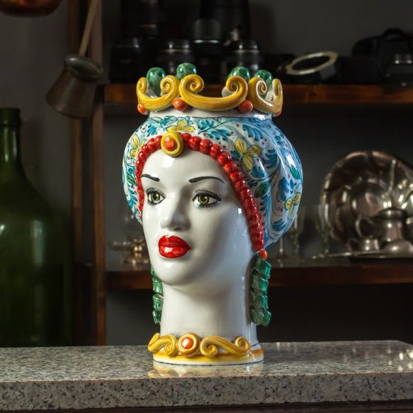 Testa di Moro Ceramica Siciliana Caltagirone  Colorata Donna cm 35