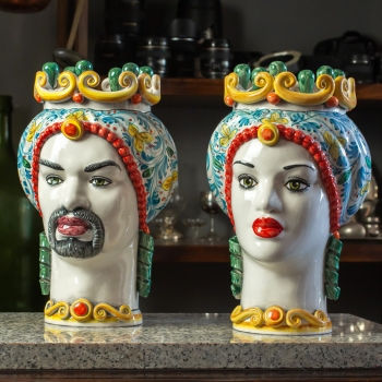 Teste di Moro Siciliane in Ceramica di Caltagirone Colorata Donna-Uomo cm 35