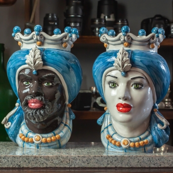 Head Vases lady-Man Caltagirone Ceramic Blue Turban 35 cm