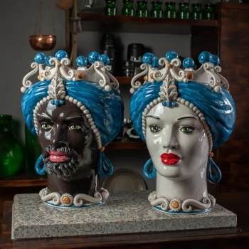 Head Vases Lady-Man Sicilian Ceramic from Caltagirone, Blue, 42 cm