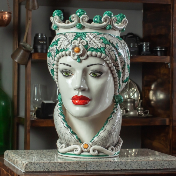 Testa di Moro ceramica Siciliana Caltagirone Donna Verde cm 50