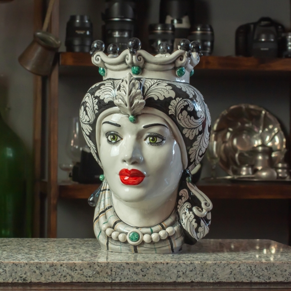 Testa di Moro Ceramica Siciliana Donna Nero Floreale cm 35