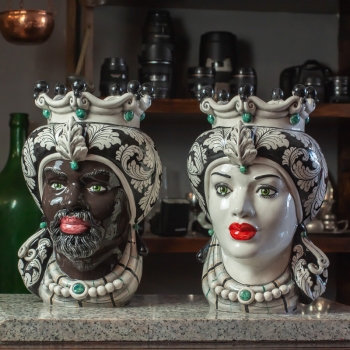 Teste di Moro siciliane Ceramica  Caltagirone Donna-Uomo Nero Floreale cm 35