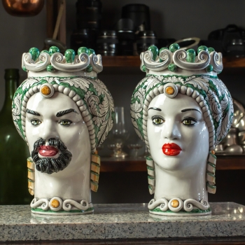 Teste di Moro in Ceramica Siciliana Caltagirone Floreale Verde Donna-Uomo cm 35