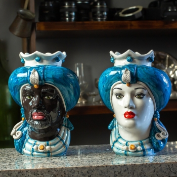 Head Vases Lady-Man Sicilian Moor in Ceramic from Caltagirone - Blue Turban Lady-Man 23 cm