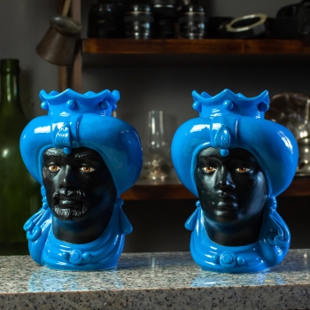 Head Vases Lady-Man Sicilian Moor Heads in Caltagirone Ceramic Blue Turban Satin Black Face Lady-Man 23 cm
