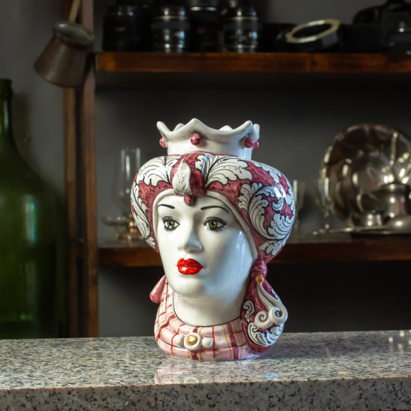 Testa Ceramica Siciliana di Caltagirone Turbante Rosso Uomo cm 23