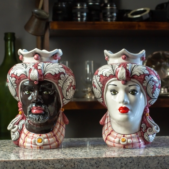 Head Vases Lady-Man Sicilian Moor in Caltagirone Ceramic Red Turban 23 cm