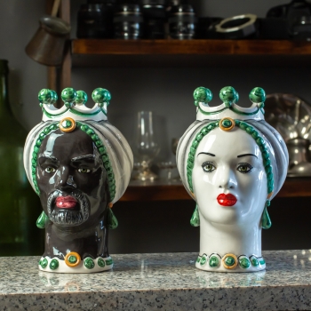 Head Vases Lady-Man Sicilian Moor in Caltagirone Ceramic Green Crown 23 cm
