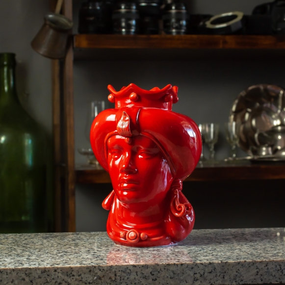 Testa Ceramica Siciliana Caltagirone Turbante Rosso con Turbante Donna cm 23