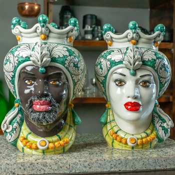Teste di Moro siciliane in Ceramica Caltagirone Donna-Uomo Verde Floreale cm 35