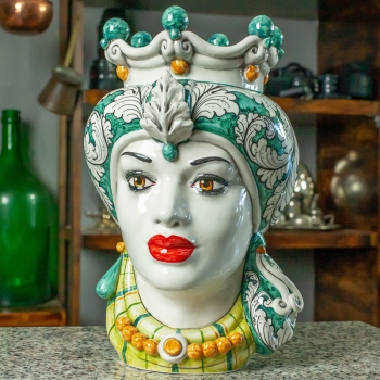 Testa di moro Ceramica Siciliana Caltagirone  Donna Verde Floreale