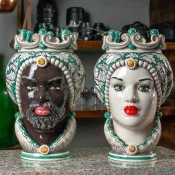 Head Vases Lady-Man Sicilian Ceramic Head of Caltagirone Green Floral Collar 35 cm