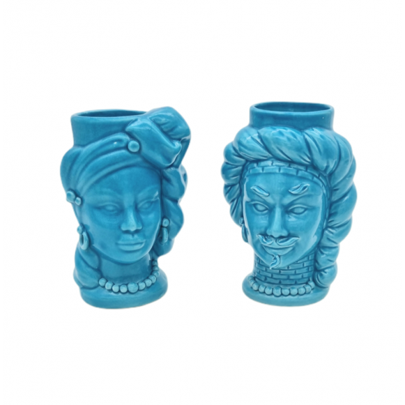 Coppia Teste Ceramica Siciliana Caltagirone Agaren Turchese cm 14