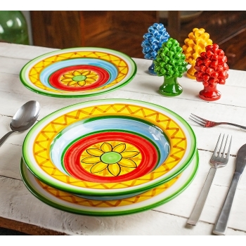 Servizio Piatti Ceramica Siciliana Caltagirone Fiore - 3 Pezzi
