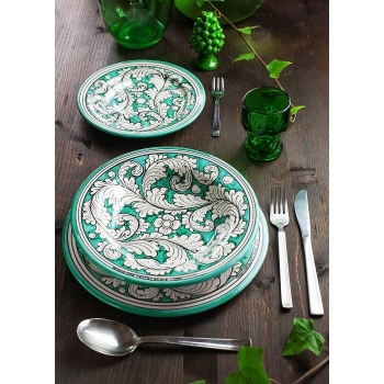 Servizio Piatti Ceramica Siciliana Caltagirone Ornato Verde- 3 Pezzi