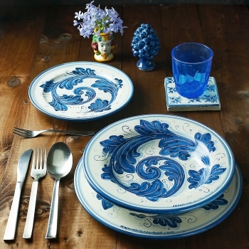 Servizio Piatti Ceramica Siciliana Caltagirone Ornato Blu - 3 Pezzi