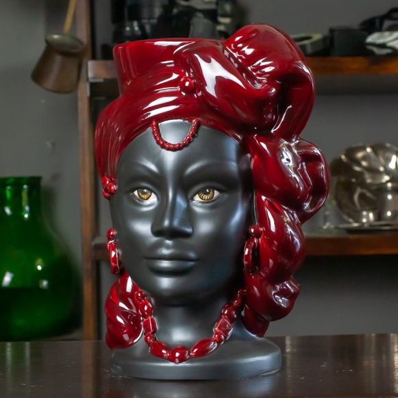 Testa di Moro Donna Ceramica Siciliana Caltagirone Agaren Bordeaux Volto Nero Opaco cm 33