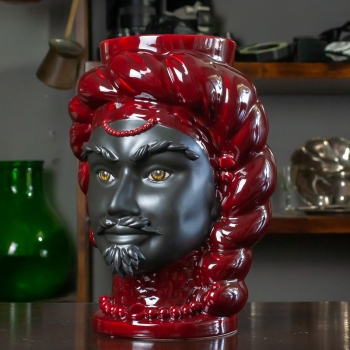 Testa di Moro Uomo Ceramica Siciliana Caltagirone Agaren Bordeaux Volto Nero Opaco cm 33