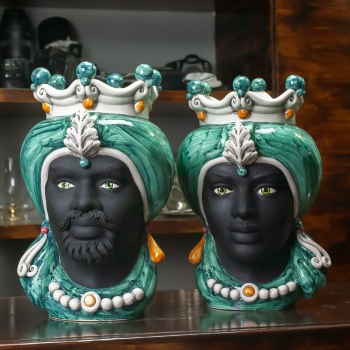 Head Vases Lady-Man Sicilian Ceramic from Caltagirone - Emerald Green - 35 cm