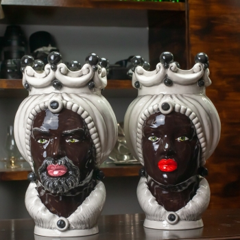 Teste di Moro Siciliane Ceramica Caltagirone Bianco Antico Donna-Uomo cm 35