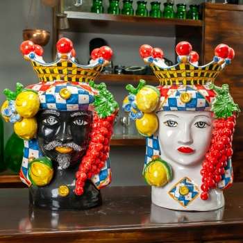 Head Vases Lady-Man Caltagirone Moor's Head Fruit cm 42