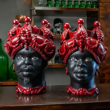 Teste di Moro siciliane in ceramica Caltagirone Verus Donna Uomo Bordeaux cm 45