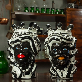 Teste di Moro in ceramica siciliana di Caltagirone Verus Donna-Uomo Zebrata h.35
