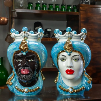 Teste di Moro Siciliane in Ceramica Caltagirone Donna-Uomo Azzurro Madreperlato cm 35