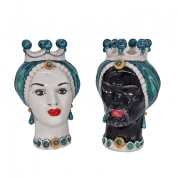 Pair of Moor Heads Sicilian Ceramic from Caltagirone Green cm 23