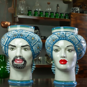 Teste di Moro Siciliane in Ceramica Caltagirone Donna-Uomo fiori 40 cm
