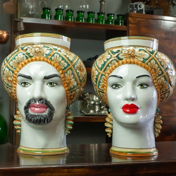 Teste di Moro in ceramica Siciliana Caltagirone Donna-Uomo fiori ocra 40 cm