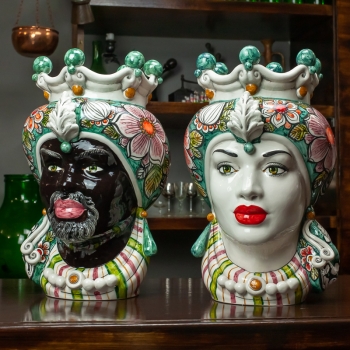 Head Vases Lady-Man Sicilian ceramic Caltagirone flowers cm 35