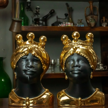 Teste di moro Siciliane in ceramica Verus Donna-Uomo Total Gold 20 cm